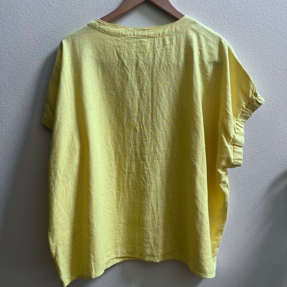 DKNY Round Neck Linen Blend Button Up Top Vacation Women's XL Mom Boxy Yellow - Picture 2 of 5